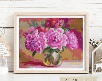 完成品✨美品 ハンドメイド クロスステッチ 刺繍 牡丹 お花 花瓶 ピンクの牡丹のクロスステッチキット、ピンクの花束の刺繍キット、バラ