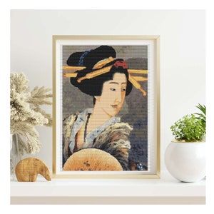 FULL KIT Portrait of A Woman Holding a Fan Cross Stitch Kit, Japanese Embroidery Kit, Katsushika Hokusai