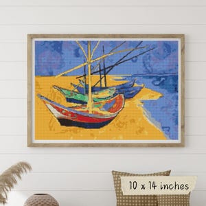 Boats on a Beach Cross Stitch Kit, Vincent van Gogh, Landscape Embroidery