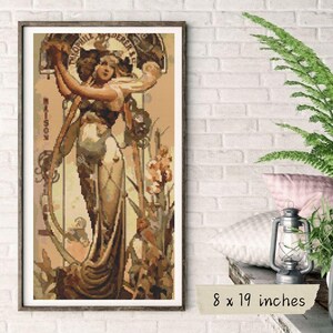 Champagne Cross Stitch Pattern, Alphonse Mucha, Theophile Roederer Poster, Art Nouveau Embroidery