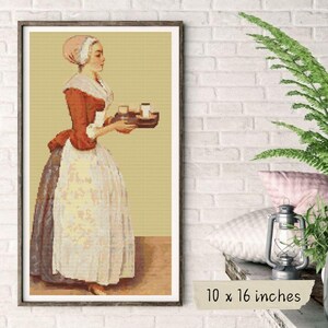 Kruissteekpatroon chocolademeisje, Jean Etienne Liotard, kunstborduurwerk