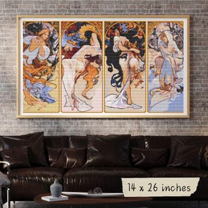 Four Seasons Cross Stitch Pattern, Alphonse Mucha, Art Nouveau Embroidery