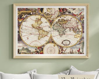 Nova Orbis Tabula Cross Stitch Pattern, Frederick de Witt, Vintage Olde World Map Embroidery