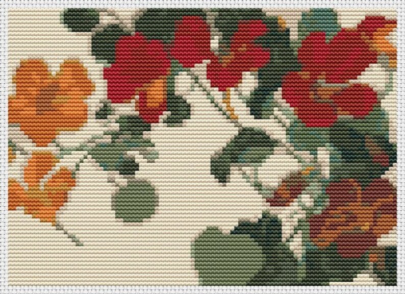 PATTERN PDF Nasturtium Cross Stitch Pattern, Floral Embroidery Chart PDF, Tanigami Konan image 3