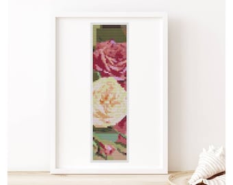 PATTERN PDF Roses Bookmark Cross Stitch Pattern, Floral Embroidery Chart PDF