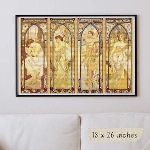 クロスステッチのパターン「The Times of the Day」、アルフォンス・ミュシャ、アール・ヌーヴォー刺繍