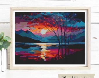 As the Sun Sets Cross Stitch Pattern PDF, Landscape Embroidery