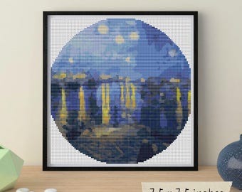 【完成品】〈ローヌ川の星月夜〉クロスステッチ ローヌ川の星月夜、円形クロスステッチパターン、ヴィンセント