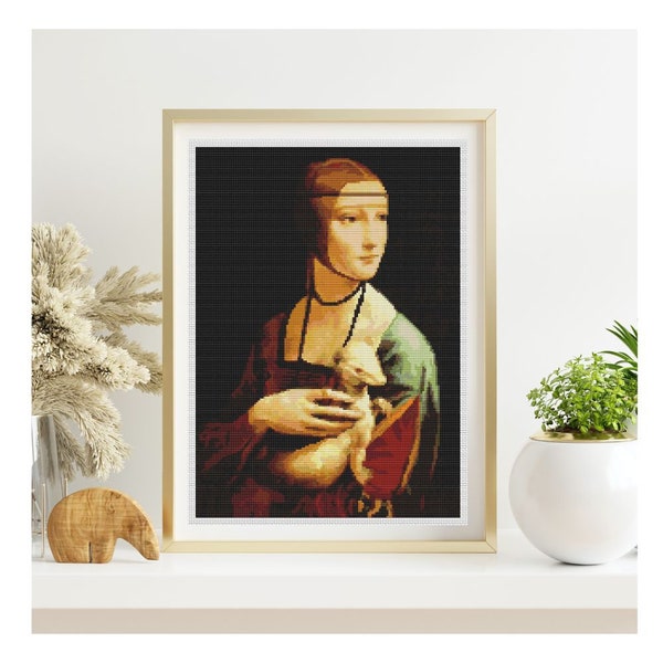 PATTERN PDF Lady with an Ermine Cross Stitch Pattern, Woman Embroidery Chart PDF, Leonardo da Vinci