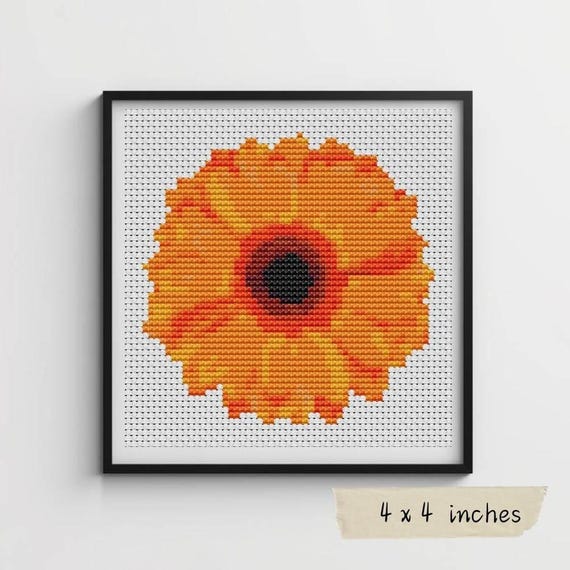 オレンジ色のガーベラのクロスステッチパターン、花柄刺繍 - Etsy 日本