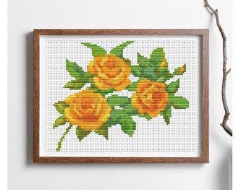 A Trio of Yellow Roses Cross Stitch Pattern, Floral Embroidery Chart PDF