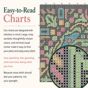 May include: A cross stitch pattern chart featuring a grid with various colored symbols and a circular magnifying inset. The text reads: Easy-to-Read Charts, Our charts are designed with stitchers in mind, Less squinting, less guessing, and more time doing what you love, Because cross stitch should test your patience, not your eyesight.