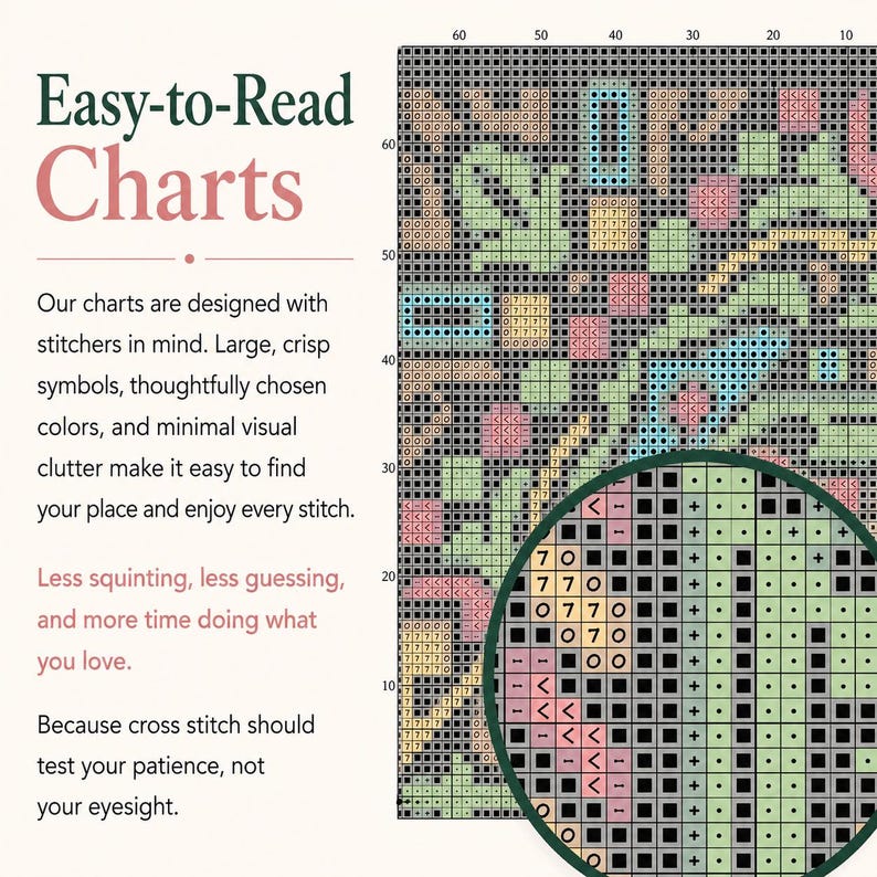 May include: A cross stitch pattern chart featuring a grid with various colored symbols and a circular magnifying inset. The text reads: Easy-to-Read Charts, Our charts are designed with stitchers in mind, Less squinting, less guessing, and more time doing what you love, Because cross stitch should test your patience, not your eyesight.