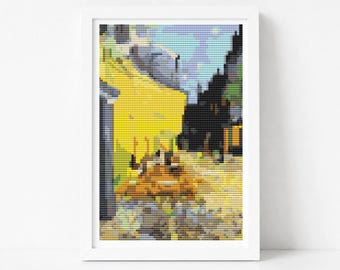 Patrón de mini punto de cruz de terraza de café por la noche, Vincent van Gogh, bordado artístico
