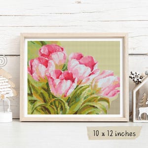 Pink Tulips Cross Stitch Kit, Floral Embroidery