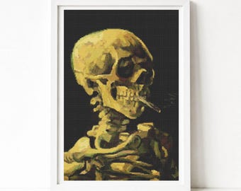 Skull with Cigarette Cross Stitch Pattern Vincent van Gogh Memento mori Vanitas Embroidery