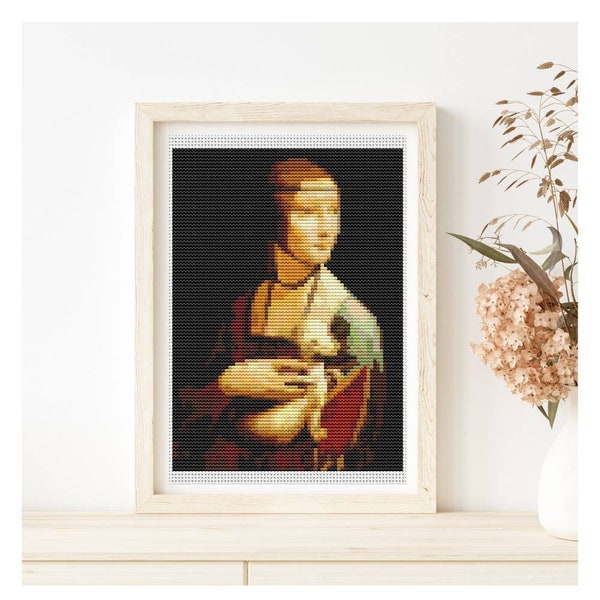 PATTERN PDF Lady with Ermine Mini Cross Stitch Pattern, Woman Embroidery Chart PDF, Leonardo da Vinci