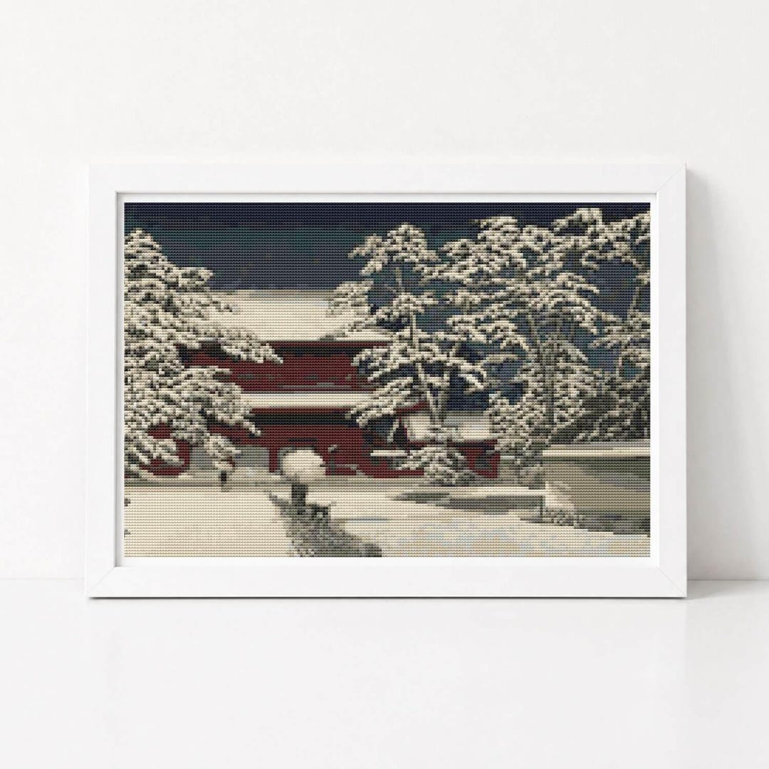 川瀬巴水作「増上寺の雪」クロスステッチキット、冬、新版画、日本の
