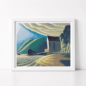 Kruissteekpatroon: IJshuis Coldwell aan Lake Superior van Lawren Harris, Canadees winterlandschap