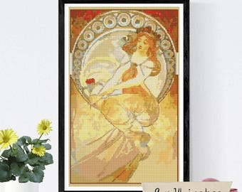 Patrón de punto de cruz para pintura de Alphonse Mucha, bordado Art Nouveau