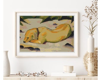 FULL KIT Dog Lying in the Snow Cross Stitch Kit, Dog Embroidery Kit, Franz Marc