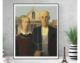 PATTERN PDF American Gothic Cross Stitch Pattern, People Embroidery Chart PDF, Grant Wood