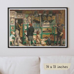 Patrón de punto de cruz "La tienda de pájaros", Herbert Ashwin Budd, bordado vintage