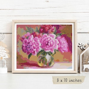 Pink Peonies in a Vase Cross Stitch Pattern, Floral Embroidery