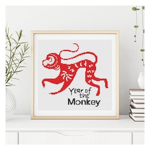 Beginner DIY Year of the Monkey Cross Stitch Pattern, Horoscope Embroidery Chart PDF, Chinese Zodiac Series