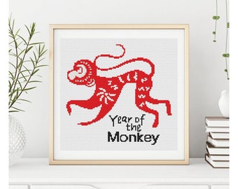 PATTERN PDF Year of the Monkey Cross Stitch Pattern, Horoscope Embroidery Chart PDF, Chinese Zodiac Series