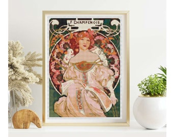 FULL KIT Champenois Cross Stitch Kit, Woman Embroidery Kit, Alphonse Mucha