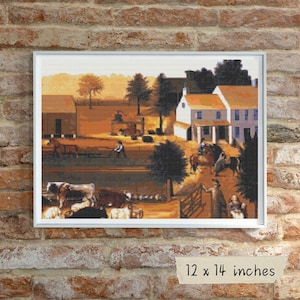 The Residence of David Twining Cross Stitch Pattern, Edward Hicks. Americana Folk Art Embroidery