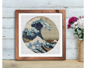 PATTERN PDF Great Wave off Kanagawa Cross Stitch Pattern, Asian Embroidery Chart PDF, Katsushika Hokusai