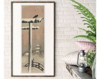 PATTERN PDF Torii and Crow in the Snow Cross Stitch Pattern, Asian Embroidery Chart PDF, Ohara Koson