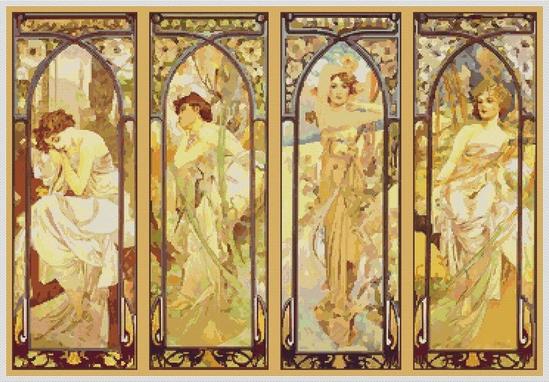 PATTERN PDF The Times of the Day Cross Stitch Pattern, Woman Embroidery Chart PDF, Alphonse Mucha image 3