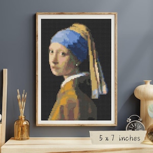 Kit mini punto croce &quot;La ragazza con l&#39;orecchino di perla&quot;, Johannes Vermeer, ricamo artistico