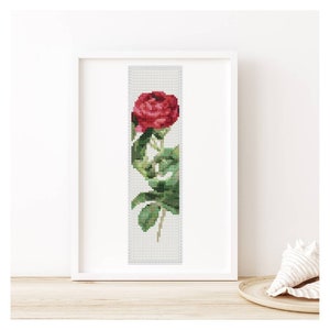 Bookmark Cross Stitch Pattern, Rosa Gallica Pontiana by Pierre-Joseph Redoute, Red Rose Embroidery Chart PDF