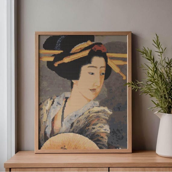 クロスステッチ パターン 扇を持った女性の肖像画 葛飾北斎、日本の