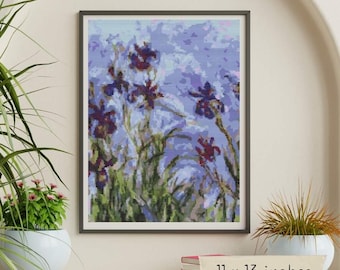 Irises Counted Cross Stitch Kit, Claude Monet, Impressionist Art, Floral Embroidery