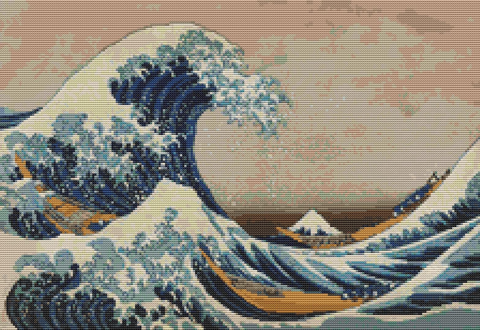 神奈川沖浪裏カウントクロスステッチキット、葛飾北斎、日本の浮世絵