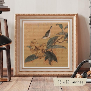 Loquats und Bergvogel Kreuzstich Stickmuster PDF - Chinesisch orientalisch asiatisch Stickmuster - DIY Handarbeit zum sofortigen Download