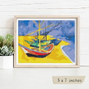 Boats on a Beach Mini Cross Stitch Pattern, Vincent van Gogh, Transportation, Art Embroidery