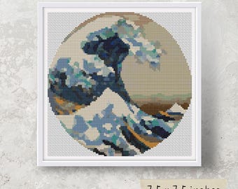 The Great Wave Circular Cross Stitch Kit, Katsushika Hokusai, Asian, Japanese Embroidery
