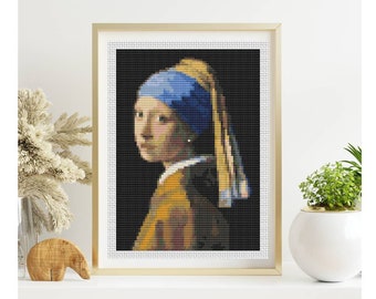 PATTERN PDF The Girl with the Pearl Earring Mini Cross Stitch Pattern, Woman Embroidery Chart PDF, Johannes Vermeer