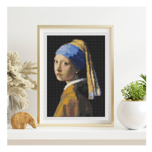 PATTERN PDF The Girl with the Pearl Earring Mini Cross Stitch Pattern, Woman Embroidery Chart PDF, Johannes Vermeer