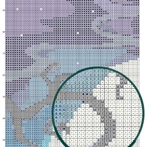May include: A cross-stitch pattern chart titled All Hallow's Eve | The Art of Stitch, featuring a grid with symbols, numbers, and letters in shades of blue, purple, and white. A circular magnifying overlay highlights a section of the design.