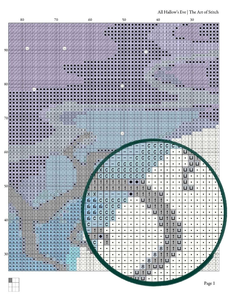 May include: A cross-stitch pattern chart titled All Hallow's Eve | The Art of Stitch, featuring a grid with symbols, numbers, and letters in shades of blue, purple, and white. A circular magnifying overlay highlights a section of the design.
