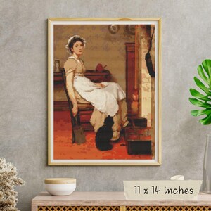 Her eerste plaats kruissteekpatroon pdf – Victoriaans meisje met zwarte kat-kaart, G.D. Leslie Art, borduurmotief direct downloaden