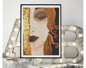 PATTERN PDF Freya’s Tears Cross Stitch Pattern, Woman Embroidery Chart PDF, Golden Tears, Gustav Klimt