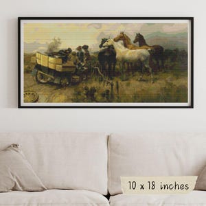 May include: A vintage cross-stitch pattern featuring a horse-drawn wagon with people and horses in a rural setting. The wagon is filled with hay and the horses are pulling it through a field. The scene is depicted in a warm, earthy color palette.